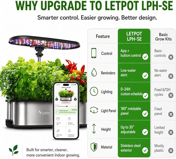 LETPOT LPH-SE Hydroponics Growing System, 12 Pods Smart Herb Garden Kit Indoor, Indoor Garden, APP & WiFi Controlled, with 24W Growing LED, 5.5L Water Tank, Pump System, Automatic Timer | APP & WiFi Controlled, 24W Growing LED, 5.5L Water Tank, Pump Sy...