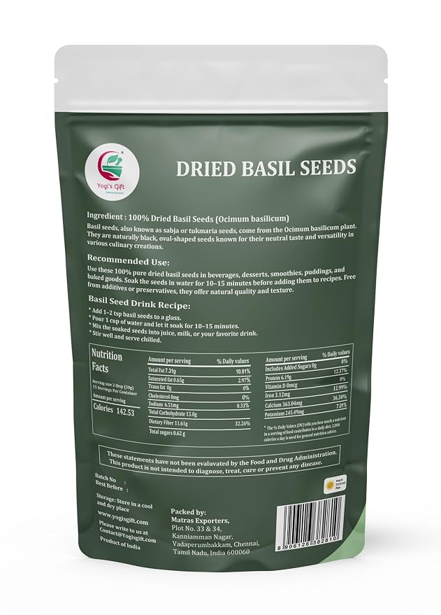 Dried Basil Seeds 1LB – Sabja/Tukmaria Basil Seeds For Eating – Sweet Basil Seed for Drinks, Desserts & Daily Use – By Yogi’s Gift®
