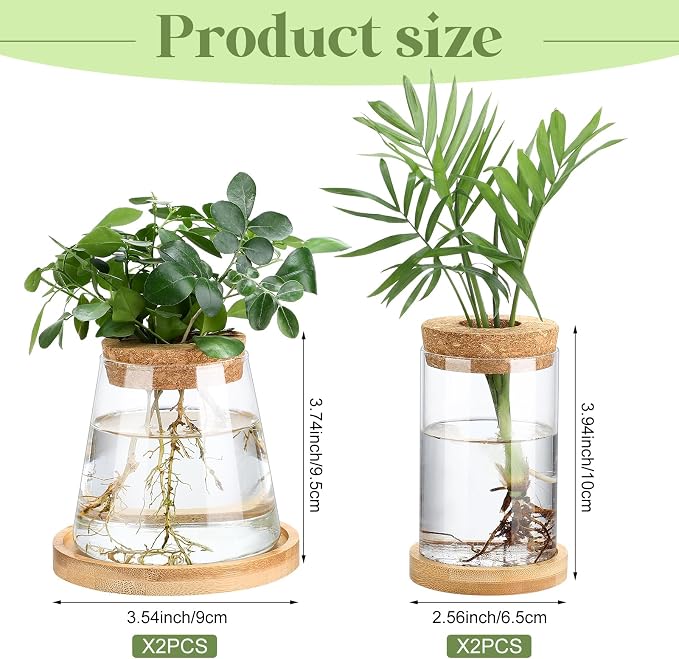 Layhit 4 Pcs Plants Propagation Stations vases Glass Planters with Wooden Lid and Bamboo Stand for Hydroponic Plants Gardening Gifts for Women Mom Home Office Tabletop Decoration(Stylish Style)