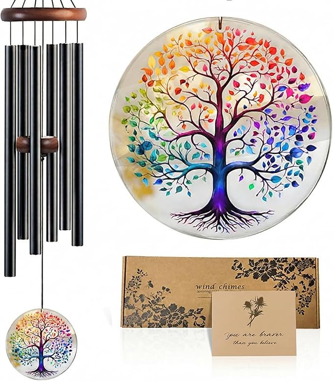 Tree of Life Wind Chimes for Outside, Deep Tone Outdoor Wind Chime with Colorful Wind Catcher, 6 Aluminum Tubes, Garden Porch Patio Decor, Memorial & Birthday Gift (32" Tree of Life)