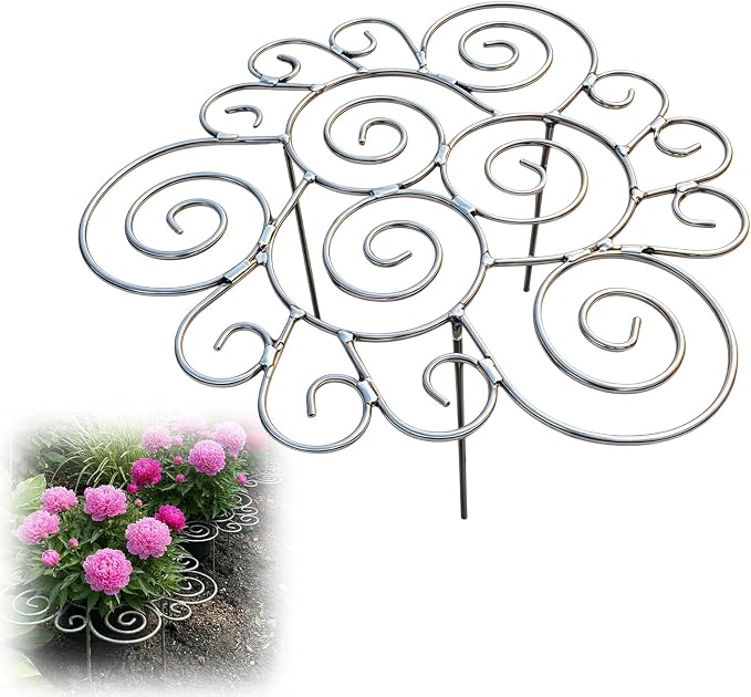 Peony Cages and Supports Support Rings Metal Garden Plant Support Cage Decorative Grow Through Flower Hoops for Peonies Dahlias Roses Hydrangeas Outdoor Plants (Silver,L - 1pcs)