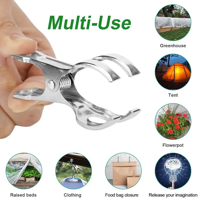 60-Pack Extra-Large Opening Garden Clips, Heavy Duty Stainless Steel Greenhouse Clamps for 3/4" to 2" Pipe - Securely Grips Row Cover, Frost Blanket, Bird Netting & Shade Cloth in High Winds