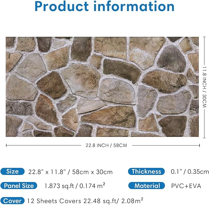 COMSTICKC 3D Faux Stone Wall Panels Peel and Stick Decorative Tiles, 12 Pcs 22.8" x 11.8", DIY UrltraLight PVC Fake Stone Rock Wall Covering for Kitchen, Living Room Background, Covers 22.48 sq.ft