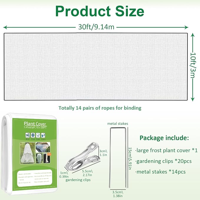 kockuu Plant Sun Protection Cloth, 10ft x 30ft 1.41 oz/yd² White Garden Plant Shade Cloth with 20 Stainless Steel Clips from Direct Sunlight, Plant Covers Frost & Sun Protection for Winter and Summer