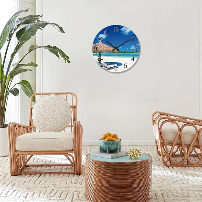 XFM Blue Beach Wall Clock 12 Inch Silent | Non-Ticking Battery Operated Modern Glass Tropical Summer Coastal Decorative for Living Room Kitchen Bedroom Office