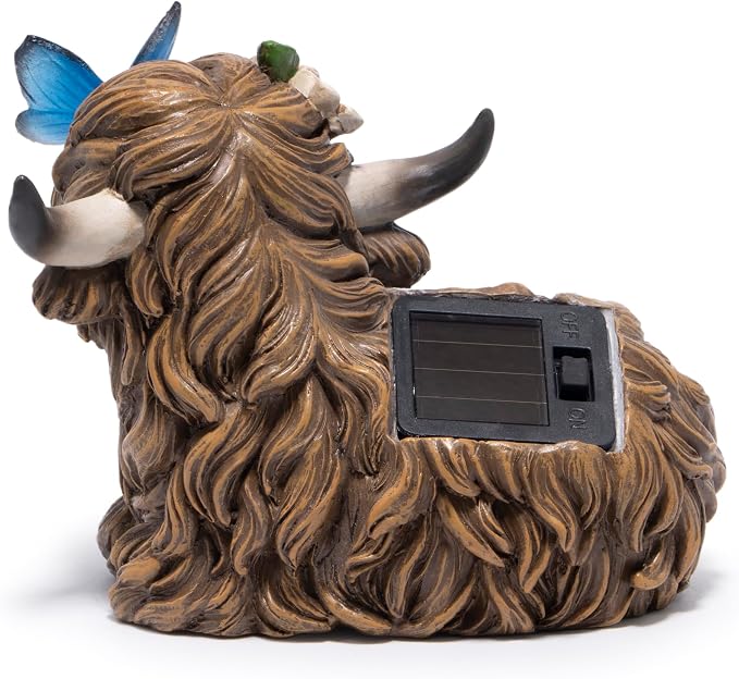 basen Solar Highland Cow Garden Statue with Lighted Butterfly, Resin Outdoor Yard Decor with Solar Panel, Waterproof Lawn Patio Ornament for Garden, Pathway, Backyard Decor Gift