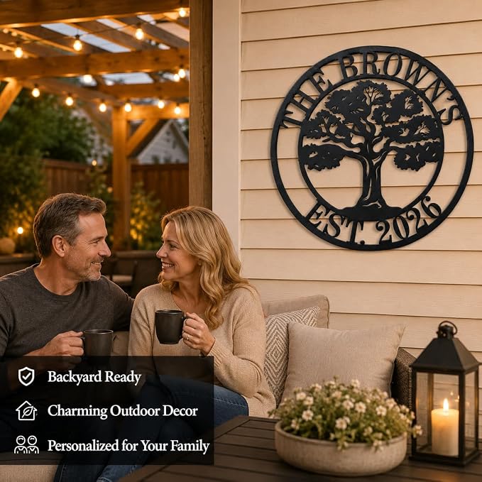 Personalized Tree of Life Metal Sign, Oak Tree Family Monogram Wall Decor, Custom Split Letter Name Plaque for Front Porch Garden Patio, Last Name Sign, Dad Gift