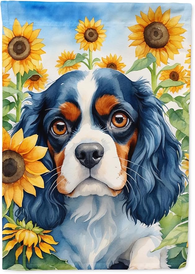 Caroline's Treasures DAC6049CHF Cavalier Spaniel in Sunflowers House Flag Large Porch Sleeve Pole Decorative Outside Yard Banner Artwork Wall Hanging, Polyester, House Size, Multicolor