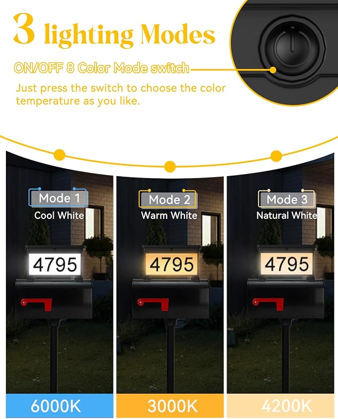 LumiZen New Upgraded Solar Address Sign,Double Sided Glow House Numbers with Auto On/Off, 3-Color Lighting Modes Mailbox Number Plaque Waterproof, Dual Stakes for Home Yard Driveway
