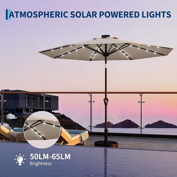 GarveeLife Patio Umbrella with Solar Lights, Outdoor Table Umbrella with 8 Durable Ribs, Tilt & Crank Mechanism, Water & UV Protection Sun Shade Umbrella for Garden, Poolside, Backyard (Beige, 9 FT)