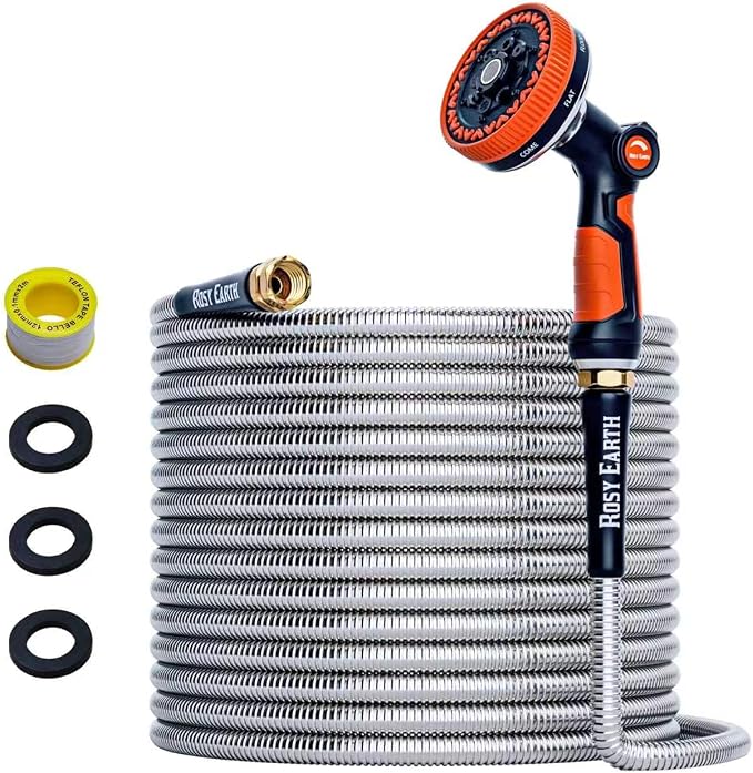 Rosy Earth 75ft Stainless Steel Garden Hose, Heavy Duty Metal Water Hose with 8 Functional Ultra-Wide Nozzle, No-Kink Outdoor Hoses Flexible Tough Water Hose Sprayer for Yard, RV