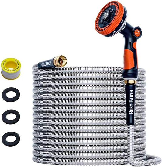 Rosy Earth 75ft Stainless Steel Garden Hose, Heavy Duty Metal Water Hose with 8 Functional Ultra-Wide Nozzle, No-Kink Outdoor Hoses Flexible Tough Water Hose Sprayer for Yard, RV