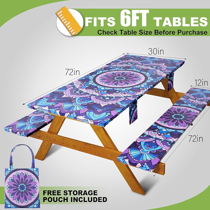 Fitted Picnic Table Cover with Bench Covers Vinyl Waterproof Elastic Edges Fitted Rectangle Tables Patio Tablecloth Camping Gear and Essentials Rv Accessories Road Trip Supplies Car Travel Must Haves