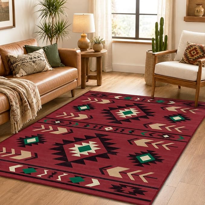 Western Area Rug 4x6 for Living Room, Southwestern Aztec Tribal Area Rugs Southwest Navajo Machine Washable Rug Non-Slip Printed Low-Pile Floor Carpet for Bedroom Dining Room Office, Red