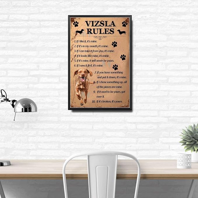 Metal Sign Tin Sign Vintage Wall Art Vizsla Rules Kitty Decor for Pub 12×16 Inches with Metal Frame