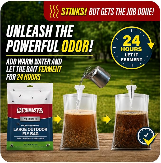 Catchmaster Disposable Outdoor Fly Trap, 2 Hanging Bags with Bait | Catches house, bottle & blowflies, Holds up to 30,000 flies, Food-based lure, no spray needed, For backyards, patios & decks