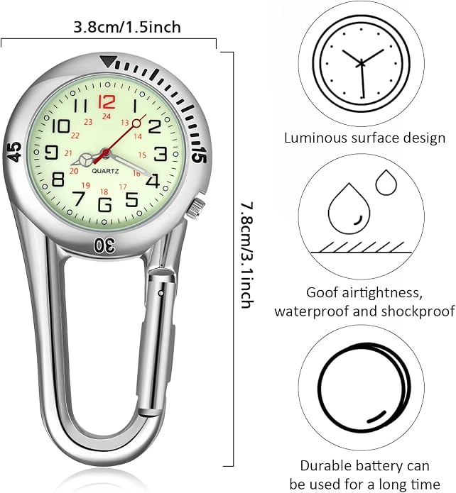 Hicarer 2 Pieces Clip on Quartz Watch Backpack Fob Belt Glow in The Dark Unisex Pocket Watch with White Dial for Doctors Nurses Outdoor Activities