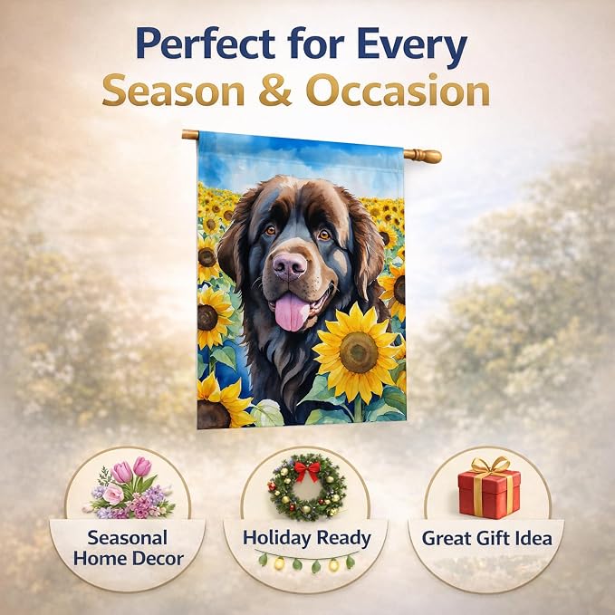Caroline's Treasures DAC6124CHF Newfoundland in Sunflowers House Flag Large Porch Sleeve Pole Decorative Outside Yard Banner Artwork Wall Hanging, Polyester, House Size, Multicolor