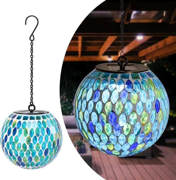 Mosaic Solar Lantern Outdoor Waterproof Glass Hanging Solar Lights, Blue | Solar Hanging Lantern IP44 Waterproof Mosaic Gazing Ball with White LED Lights, Metal Hanging Chain, Outdoor Pathway Decor