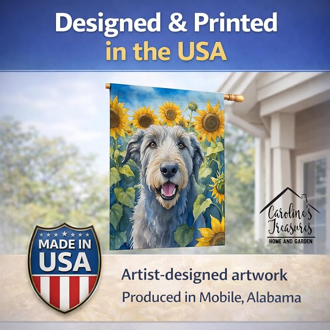 Caroline's Treasures DAC6100CHF Irish Wolfhound in Sunflowers House Flag Large Porch Sleeve Pole Decorative Outside Yard Banner Artwork Wall Hanging, Polyester, House Size, Multicolor