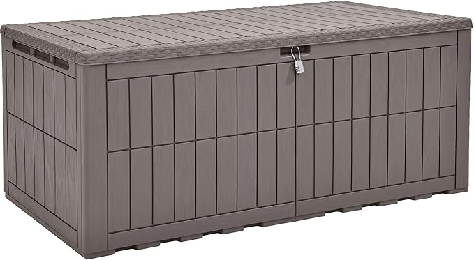 YITAHOME 200 Gallon Large Outdoor Storage Box XL Resin Deck Box with Lock | Waterproof Patio Furniture Bin and 3-Person Bench Seating for Garden Tools & Pool Accessories, Light Brown