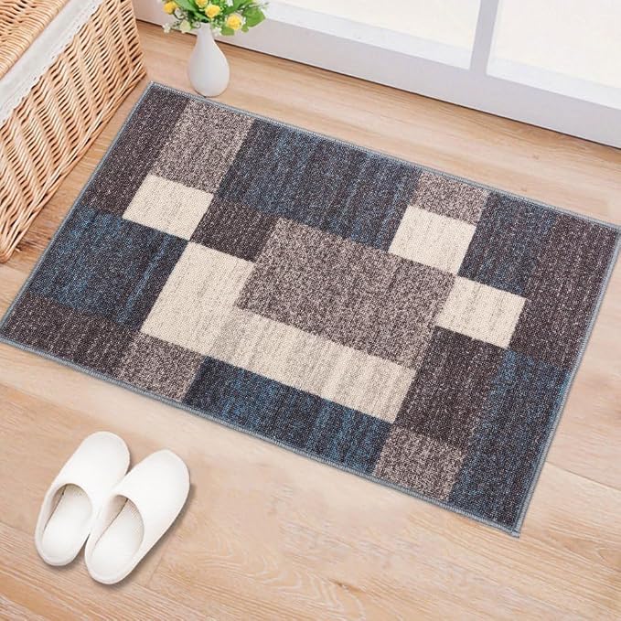 Rugshop Geometric Boxes Non-Slip Contemporary Area Rug Blue 20" x 30" | Non-Shedding, Rectangular, Size 20" x 30", Living Room, Bedroom, Dining Room, Home Office, Kitchen, Entryway, Hallway