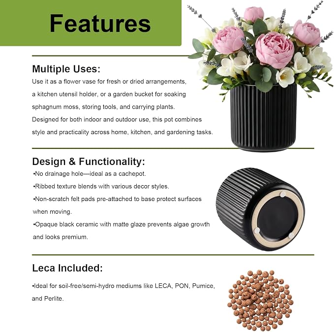 Set of 2 self Watering Ceramic pots for Indoor Plants with 5 inch Clear Inner Pot (Black, 5 inch)