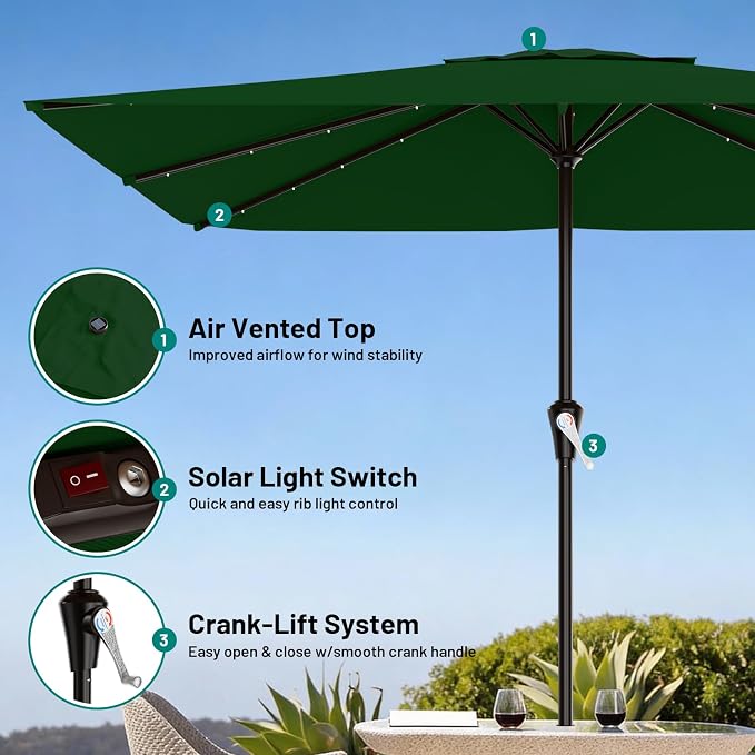 AreShark 8' X 10' Rectangular Patio Umbrella with Solar Lights, Lighted Solar Umbrella with Crank, Outdoor Table Umbrella for Garden, Deck, Backyard, Pool and Beach, Dark Green