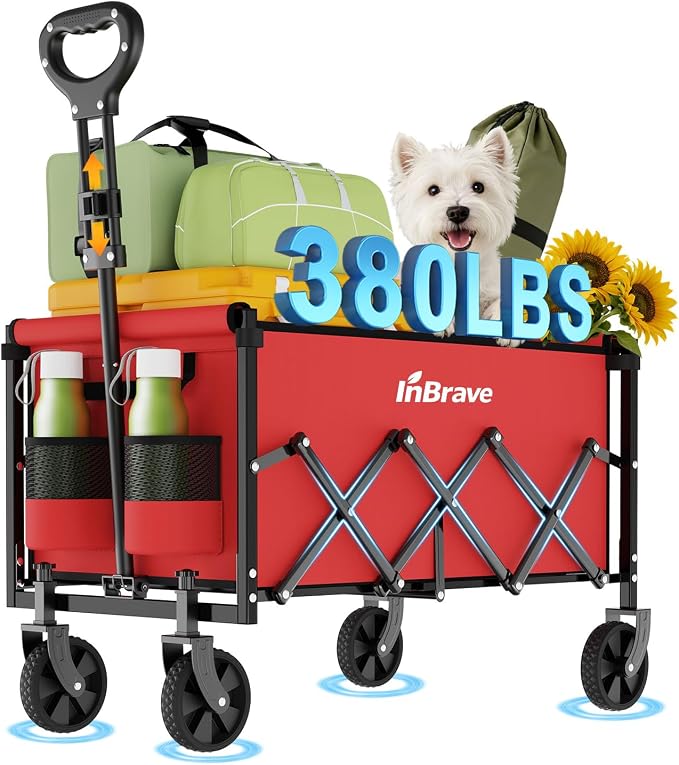 Foldable Wagon Cart | 380lbs Capacity All-Terrain Cart for Garden, Grocery, Picnics(Red)