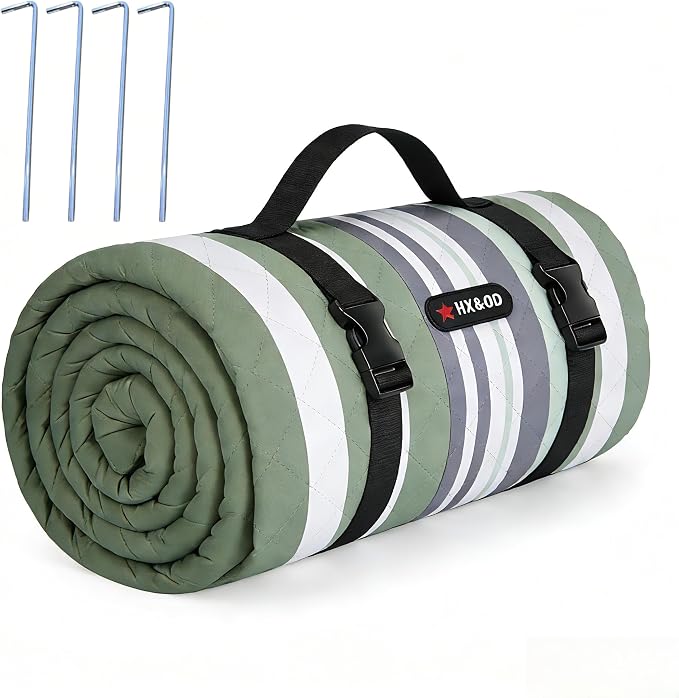 HX&OD Outdoor Picnic Blanket Extra Large, 80''*80' Waterproof Picnic Mat with Stakes Foldable Camping Blanket Portable with Carry Strap for Beach Mat (Green, 80''*80'')