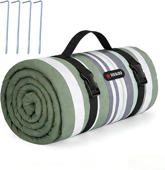HX&OD Outdoor Picnic Blanket Extra Large, 80''*60'' Waterproof Picnic Mat with Stakes Foldable Camping Blanket Portable with Carry Strap for Beach Mat (Green& White, 80''*60'')