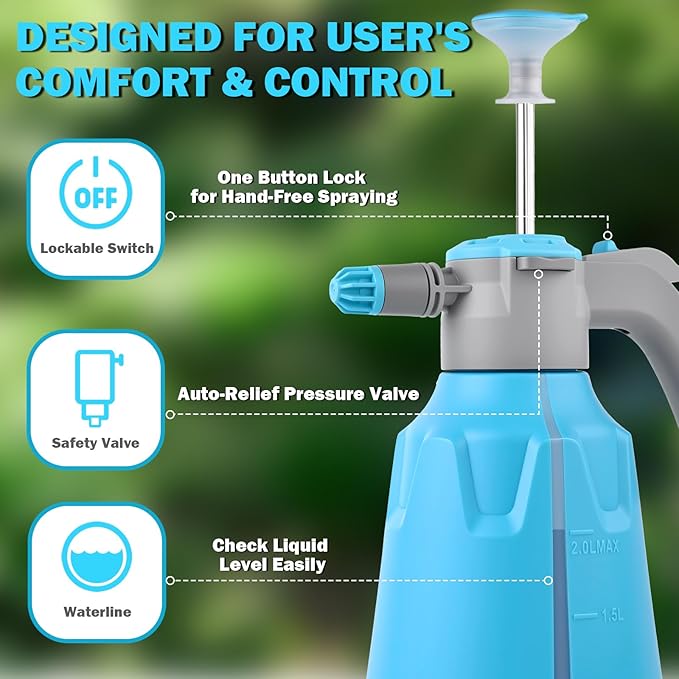 Garden Hand Pump Sprayer 1/2 Gallon - 68 Oz Leak-Proof Handheld Pressure Sprayer in Lawn and Garden, with Adjustable Nozzle, Extended Spray Rod & Safety Valve
