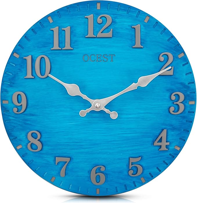 OCEST 12 Inch Indoor Outdoor Clock, Waterproof Resin Outdoor Wall Clock, Silent Non-Ticking Battery Operated Decor for Garden Pool Patio (Blue)