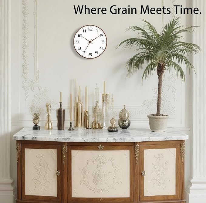Woodgrain Wall Clock–Silent Non-Ticking Wall Clocks Battery Operated 8 Inch, Large Easy-to-Read Numbers Modern Modern Analog Clock for Bedroom Living Room Kitchen Office Gym (Brown)