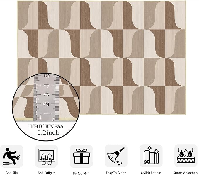 Modern Geometric 2x3 Rug for Entryway Neutral Beige Brown Abstract Mid Century Modern Area Rug Machine Washable Door Mat Small Rugs Non-Slip Printed Low-Pile Floor Carpet for Bathroom Kitchen Laundry