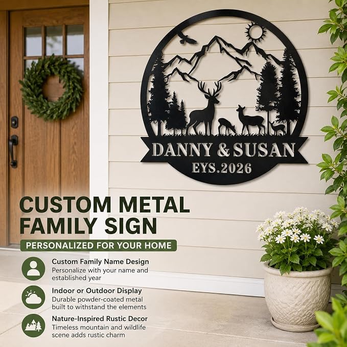 Personalized Deer Mountain Metal Sign Custom Family Name Wall Decor Rustic Cabin Outdoor Yard Art Wedding Anniversary Sign Gift