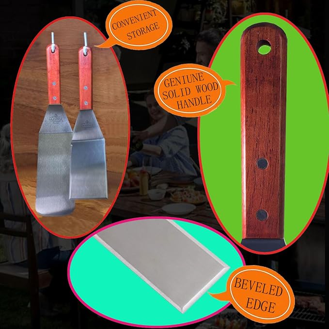 La Cuisine 3-PC SS Griddle Spatula Set - BBQ Tools Set Food Scraper for Grill Teppanyaki Flipping Patties Pancake Fish, 2 pcs SS Spatulas 1 pc Chopper/Scrapper with solid wood handle