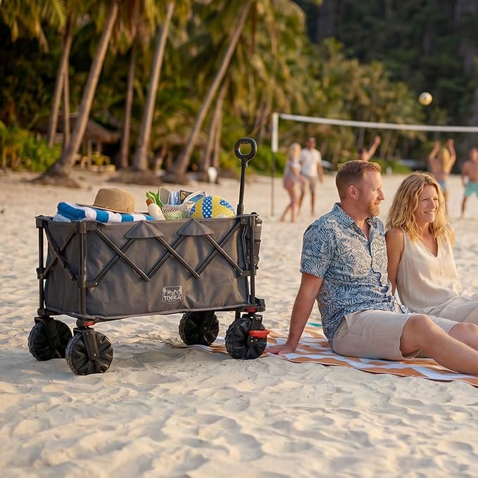 Timber Ridge Outdoor Collapsible Folding Wagon with Brakes and Cup Holders, 500lbs Heavy Duty All Terrain Wheels Utility Cart for Shopping Camping Garden Sports, Grey