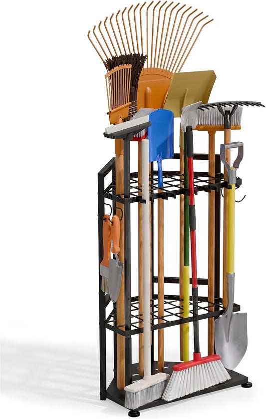 Faesun Garden Tool Organizer for Corner, 3-Tier Metal Yard Tool Rack, Holds 50+ Rakes/Shovels/Brooms,Heavy Duty Lawn Tool Storage for Garage Shed Outdoor Organization