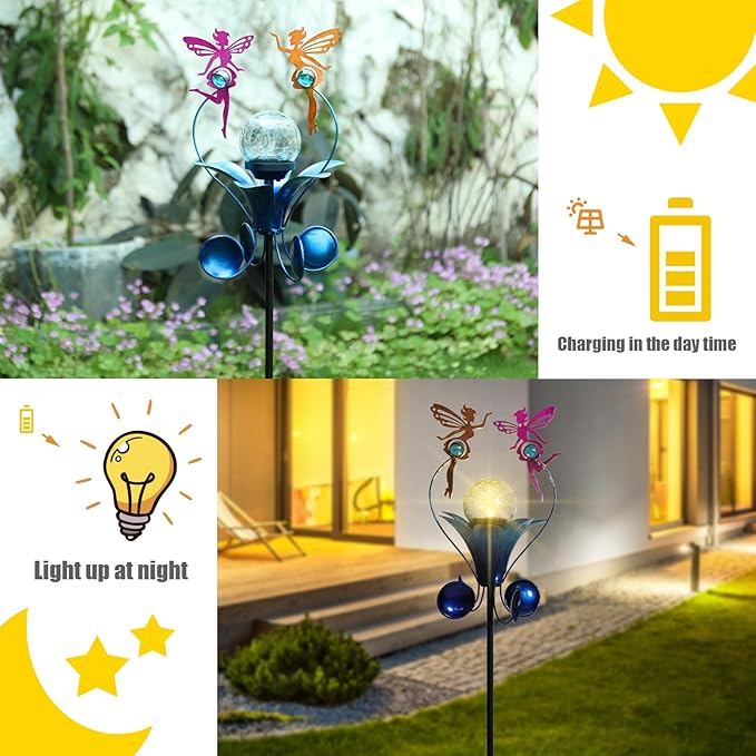 Decorative Solar Outdoor Light, Fairy Glass Globe Stake For Lawn Yard | Solar Fairy Lights With Wind Spinner Design, Crackle Glass Globe, Auto On/Off For Garden, Lawn, Yard