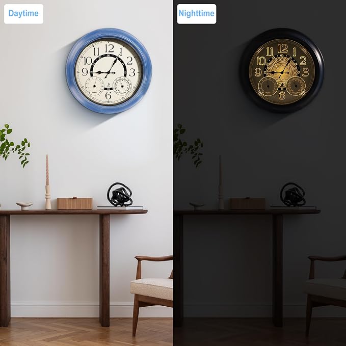 18-Inch Outdoor Wall Clock with Thermometer Hygrometer, LED Auto Light Sensor, Outdoor Clock Waterproof Large Display for Garden Patio Home Decor