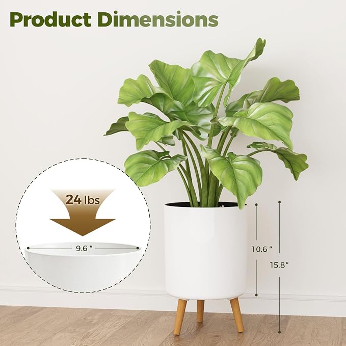 Bamworld Self Watering Pots for Indoor Plants with Water Level Indicator 10 inch Plant Pot Plastic Planter with Wooden Stand for Outdoor Plants Modern Décor for Porch Patio White Medium