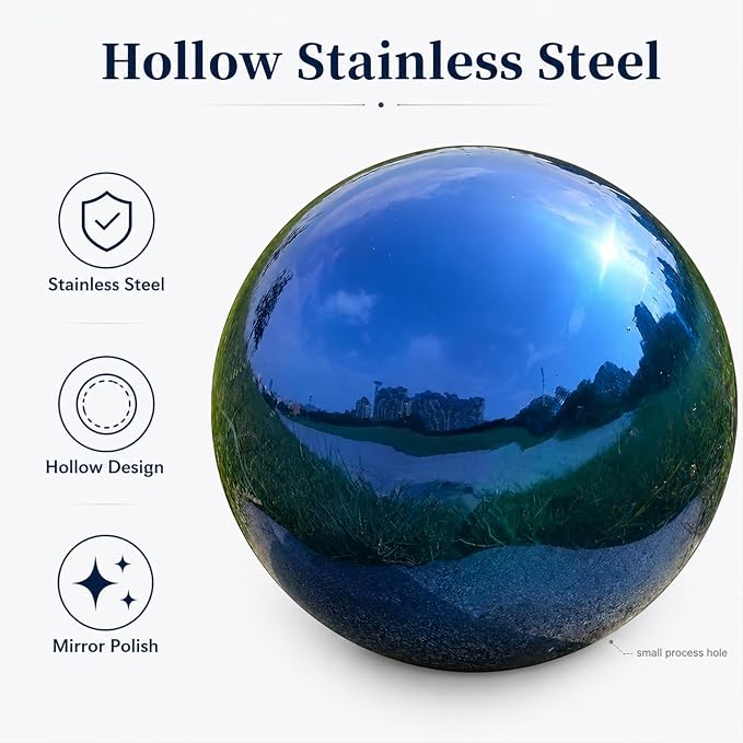 Gazing Ball Garden Mirror Outdoor - 8 Inch Outside Decorative Globe, Blue | Metal Polished Reflective Sphere, Stainless Steel Hollow Decoration Ornament for Home Pond Swimming Pool Housewarming Gift