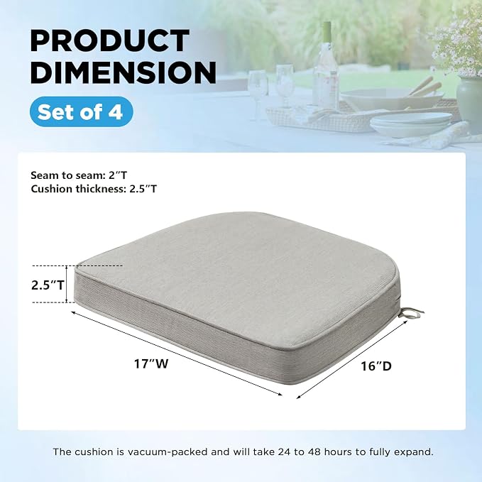 17 x 16 Inch Sunbrella Outdoor Chair Cushions with Tie Straps, Set of 4 Thick Water Repellent Round Patio Chair Pads for Garden Lawn Patio Furniture, Specrtum Pebble