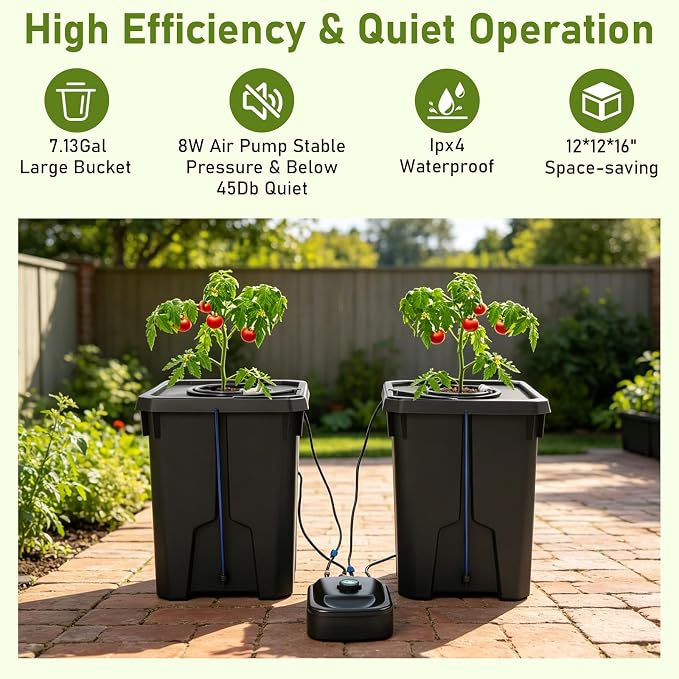 DWC Hydroponics Grow System 7.13 Gal Deep Water Culture Kit Auto Irrigation Sets w/8W 110V Air Pump, Two 12inch Bucket, Flippable Inspection Cover & Check Valve for Urban Farmer (2 Buckets+7.13 Gal)