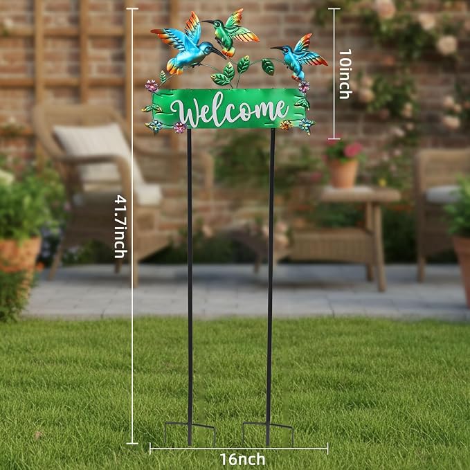 41.7inch Hummingbird Garden Stake for Yard, Lawn, Pathway, Hummingbird Outdoor Decor with Metal Welcome Yard Sign for Grandma's Garden Lawn Art Decorations