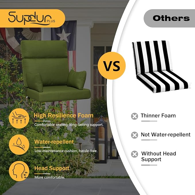 Outdoor High Back Chair Cushion, 2 Pack 48 x 24 inches Patio Chair Cushions Water Repellent Rocking Cushions Indoor Furniture Seat Pad with 2 Pillows, Deep Forest Green