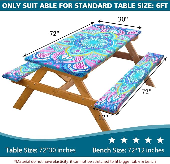 Picnic Table Covers with Bench Covers Boho Pattern Camping Tablecloth Fitted Picnic Table Cover with Elastic Windproof Waterproof Fabric, Outdoor Camping Accessories Gifts for Men Women, 72In 3PCS