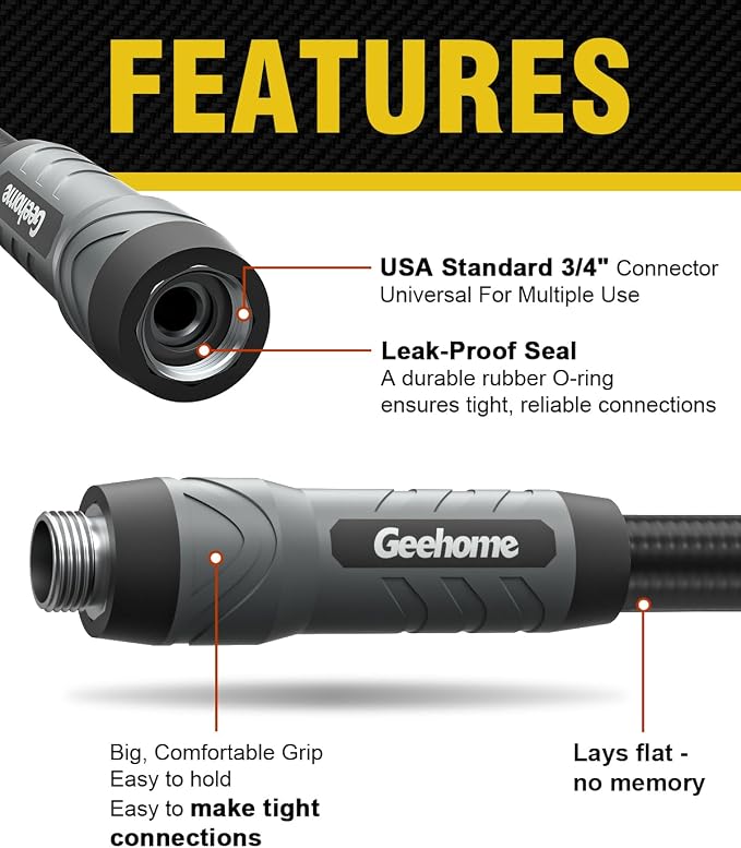 Heavy Duty Garden Hose, 50 ft x 5/8" Polyurethane Water Hose with Swivel Fittings, Flexible, Lightweight, No-Kink, Leakproof, Burst 600 PSI, Black