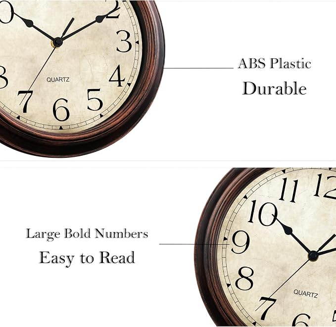 KECYET Wall Clock 10 Inch Battery Operated Silent Non-Ticking Analog Wall Clocks Vintage Retro Rustic Style Decorative for Bedroom Living Room Kitchen Office (Bronze)